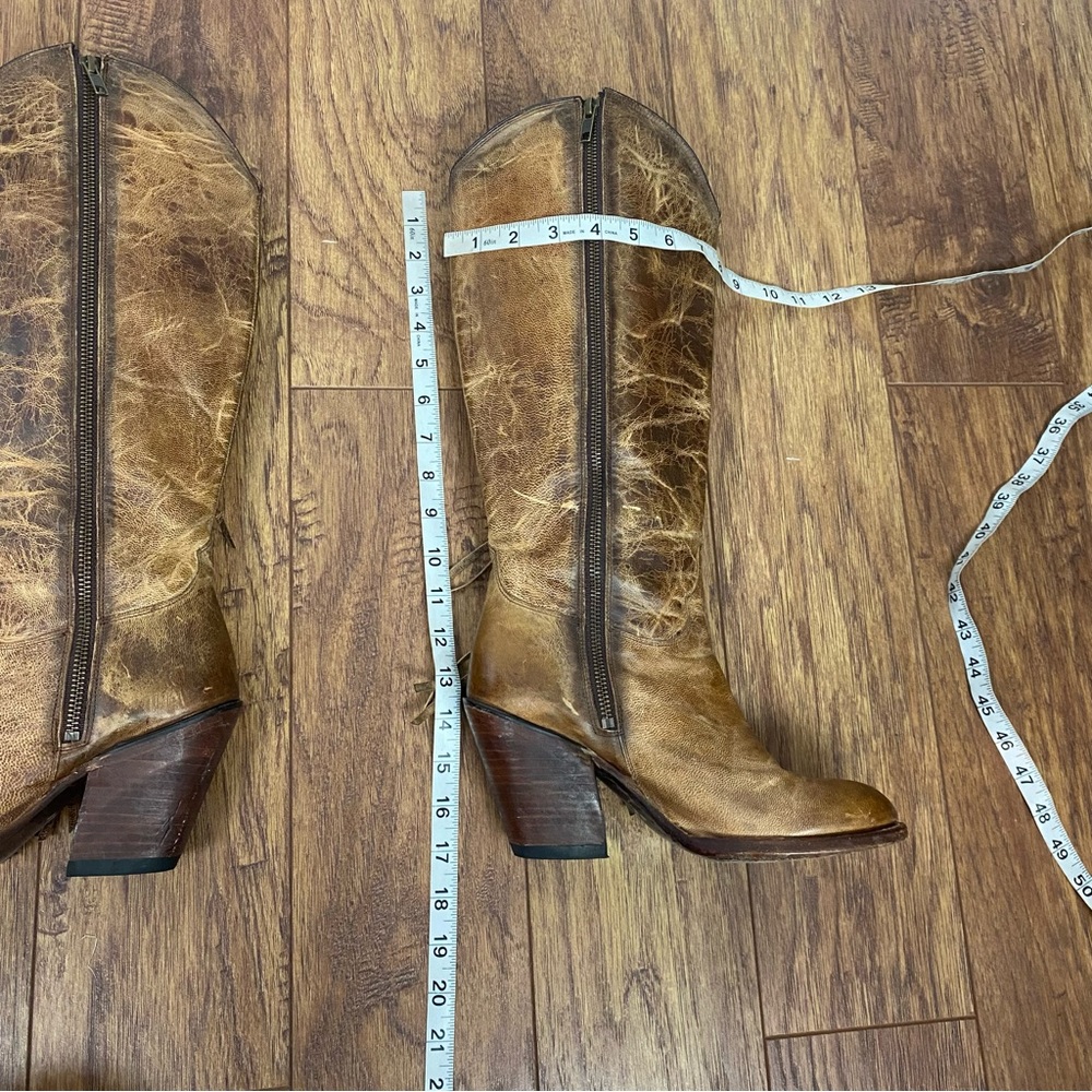 Lucchese Brown Leather Fringe Star Tall Heeled Boots - Picture 12 of 12